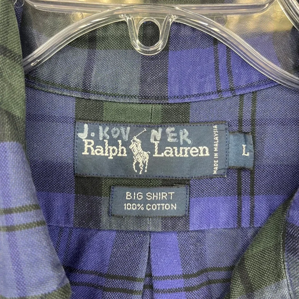 Polo Ralph Lauren Big Shirt Mens L Blue Green Plaid Black Watch 90s Oversized